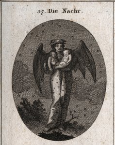 Allegorie der Nacht, dargestellt mit Fledermausflügeln. Sie hält zwei schlafende Kinder, eines weiß und das andere schwarz (Traum und Albtraum). Gravur in „Iconologie oder Ideen aus dem Gebiete der Leidenschaften und Allegorien bildlich dargestellt für Zei