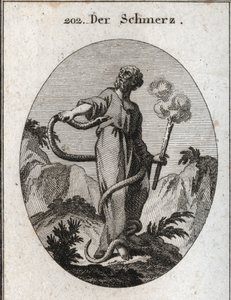 Allegorie des Schmerzes. Eine monströse Schlange umschlingt ihn, der, nachdem sie seine Füße gebunden hat, seinen Körper erklimmt und versucht, sein Herz zu beißen. Sie hält eine Fackel, die noch raucht, was bedeutet, dass der durch Schmerz verursachte Nie von Austrian School