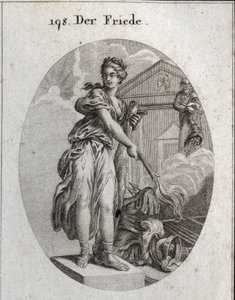 Allegorie des Friedens. Sie trägt einen Kranz aus Olivenbäumen und hält eine Keule, während sie mit einer Fackel eine Trophäe von Waffen verbrennt. Dahinter bedeutet die Statue von Plutus, dass Überfluss und Reichtum ihre Vorteile sind. Gravur in „Iconolog von Austrian School