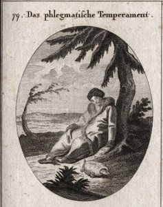 Allegorie des phlegmatischen Temperaments. Die Schildkröte ist das Attribut seiner Langsamkeit. Gravur in „Iconologie oder Ideen aus dem Gebiete der Leidenschaften und Allegorien bildlich dargestellt für Zeichner, Maler, Dichter, Gelehrte, Erzieher und Fre von Austrian School