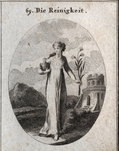 Allegorie der Reinheit. Ihre Attribute sind die Taube und die Lilie, Symbole der Unschuld. Gravur in „Iconologie oder Ideen aus dem Gebiete der Leidenschaften und Allegorien bildlich dargestellt für Zeichner, Maler, Dichter, Gelehrte, Erzieher und Freunde  von Austrian School
