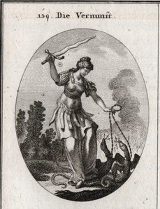 Allegorie der Vernunft, sie hält ein flammendes Schwert, mit dem sie die Laster bedroht, die durch Schlangen dargestellt werden, die sie in Ketten hält. Gravur in „Iconologie oder Ideen aus dem Gebiete der Leidenschaften und Allegorien bildlich dargestellt von Austrian School