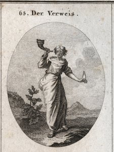 Allegorie der Zurechtweisung. Sie lernt, ein Buch zu schallen, das den unschönen Klang zurechtweisender Worte betont, die mit Vorsicht gehandhabt werden, wie die menschliche Zunge in der anderen Hand zeigt. Gravur in „Iconologie oder Ideen aus dem Gebiete  von Austrian School