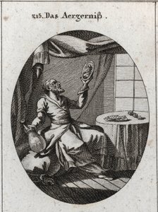 Allegorie des Skandals. Er hält in einer Hand eine Flasche und in der anderen ein Porträt einer jungen Frau und steht in der Nähe eines Tisches, auf dem Spielkarten und Spiele liegen. Gravur in „Iconologie oder Ideen aus dem Gebiete der Leidenschaften und  von Austrian School