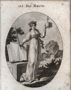 Allegorie der Strenge, gekrönt mit einem Eichenast, Attribut der Stärke. Sie stützt sich auf ein Gesetzbuch und hält eine Eisenstange. Der Würfel, in dem ein Dolch steckt, zeigt ihre Nähe und Unnachgiebigkeit. Gravur in „Iconologie oder Ideen aus dem Gebie von Austrian School
