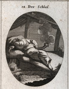 Allegorie des Schlafens auf einem Bett aus Ebenholz, in dessen Nähe ein Bach fließt. Er hält einen schwarzen und polierten Kegel, aus dem Dampf aufsteigt, der Träume bedeutet. Gravur in „Iconologie oder Ideen aus dem Gebiete der Leidenschaften und Allegori von Austrian School