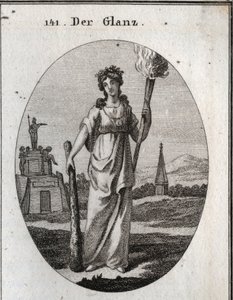 Allegorie der Pracht. Der Knüppel, auf den sie sich stützt, ist das Symbol der Tugenden. Die Kette und die Goldmedaille sind die Belohnung. Die Fackel des Lichts ist das Licht für schöne Taten. Gravur in „Iconologie oder Ideen aus dem Gebiete der Leidensch von Austrian School