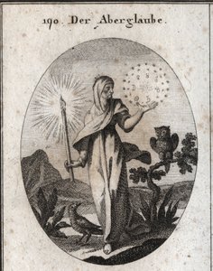 Allegorie des Aberglaubens. Sie hält eine Kerze und einen Kreis von Sternen, der die Zeichen der sieben Planeten umgibt, die sie als ängstlich betrachtet. Ihre Attribute sind die Eule und die Krähe.