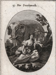Allegorie der Sanftmut oder Mansuetude, Krone aus Olivenbäumen als Symbol des Friedens. Sein Attribut ist der Elefant, der die Güte des Herzens darstellt, das Lamm Symbol der Mansuetude und die Taube, Emblem der Sanftmut. Gravur in „Iconologie oder Ideen
