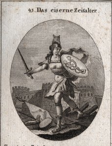 Allegorie des Eisernen Zeitalters, das durch Gewalt, schlechten Glauben und Verrat gekennzeichnet ist. Von wildem Aussehen, ist sie mit einem Helm in Form eines Wolfskopfes bewaffnet, hält ein Schwert und einen Schild, auf dem Betrug und Laster dargestellt von Austrian School