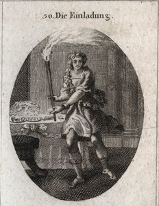 Allegorie der Einladung als junger Mann mit lachendem Gesicht, der zu einem mit Gerichten bedeckten Tisch einlädt. Die Fackel, die er hält, ist das Attribut von Comus, dem Gott der Feste und Nachtpartys. Gravur in „Iconologie oder Ideen aus dem Gebiete der von Austrian School
