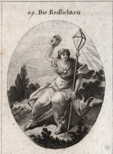 Allegorie der Loyalität (oder Aufrichtigkeit), die eine Maske wirft, das Attribut der Täuschung und Lüge. Ihr Emblem ist eine Kristalllaterne, Symbol des Blitzes. Ein Herz ist auf ihrer Brust gezeichnet. Gravur in „Iconologie oder Ideen aus dem Gebiete der