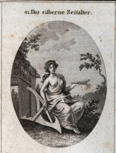 Allegorie des Silberzeitalters mit einem Griff aus Ähren, um das Land zu bebauen, und Holz, um Hütten zu bauen. Gravur in „Iconologie oder Ideen aus dem Gebiete der Leidenschaften und Allegorien bildlich dargestellt für Zeichner, Maler, Dichter, Gelehrte,  von Austrian School