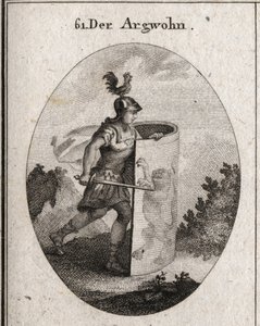 Allegorie des Verdachts, versteckt hinter einem Schild, auf dem ein Löwe steht, Symbol des Verdachts nach Aristoteles, und ein Hahn auf dem Helm, der Wachsamkeit darstellt. Gravur in "Iconologie oder Ideen aus dem Gebiete der Leidenschaften und Allegorien  von Austrian School