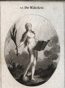 Allegorie der Wahrheit, nackt und ohne Kunstgriffe, schaut sie in das Licht der Sonne. Die Palme symbolisiert den Triumph über Betrug und das Buch steht für das Studium. Gravur in „Iconologie oder Ideen aus dem Gebiete der Leidenschaften und Allegorien bil