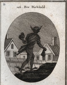 Allegorie des Diebstahls, dargestellt durch einen Mann, der in der Nacht mit einer tauben Laterne und einer Geldbörse in den Händen geht. Die Flügel an seinen Füßen zeigen, dass er bereit ist zu rennen. Gravur in „Iconologie oder Ideen aus dem Gebiete der  von Austrian School