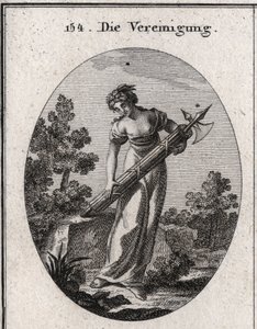 Allegorie der Union. Gekrönt mit einem Olivenbaumzweig, Symbol des Friedens, und Myrte, die Freude darstellt. Sie fließt auf einem Bündel fest gebundener Stöcke, ohne das Bild von Stärke und Einheit zu biegen. von Austrian School
