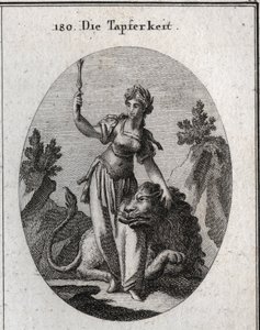 Allegorie des Wertes, gekrönt mit Lorbeer, sie streichelt einen von ihr gezähmten Löwen. Das hohe Zepter bedeutet, dass ihr Mut sie würdig macht zu befehlen. Gravur in „Iconologie oder Ideen aus dem Gebiete der Leidenschaften und Allegorien bildlich darges von Austrian School