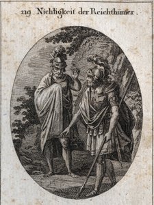 Allegorie der Eitelkeit des Reichtums: Kaiser Konstantin der Große zeichnet mit seinem Speer einen menschlichen Körper auf die Erde und sagt: „Wenn du alle Reichtümer der Welt erlangen würdest, bliebe am Ende nur dieser Raum übrig, wenn er dir gewährt würd
