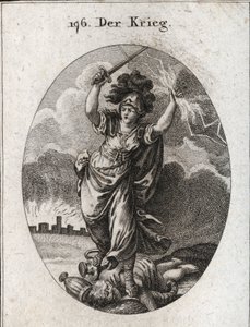 Allegorie des Krieges. Sie hält einen Blitz und ein nacktes Schwert und zerbricht unter ihren Füßen goldene und silberne Vasen und eine Statue des Gottes Plutus, die durch ein Füllhorn und eine Augenbinde symbolisiert wird. Im Hintergrund die Mauern einer  von Austrian School