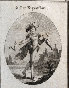 Allegorie der Laune. Sein Kostüm und seine Federn zeigen die Unbeständigkeit der Launen des Launischen. Die Blasebalg und der Sporn, die er hält, zeigen, dass er sowohl Tugend als auch Laster gleichgültig lobt. Gravur in „Iconologie oder Ideen aus dem Gebi von Austrian School