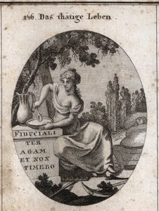 Allegorie des Arbeitslebens, die im Schatten eines Weinstocks sitzt. Sie wird dargestellt, wie sie sich darauf vorbereitet, in einem Teich zu essen und mit ihrem Fuß ein Kind zu wiegen. Pfluginstrumente sind neben ihr platziert. Gravur in „Iconologie oder  von Austrian School