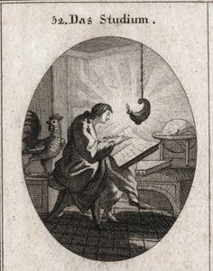 Allegorie des Schreibens an einem von Licht erleuchteten Schreibtisch. Der Hahn ist das Attribut der Wachsamkeit. Gravur in „Iconologie oder Ideen aus dem Gebiete der Leidenschaften und Allegorien bildlich dargestellt für Zeichner, Maler, Dichter, Gelehrte von Austrian School