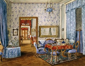 Biedermeier-Schlafzimmer, um 1830, Aquarell, Österreich von Austrian School