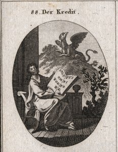 Allegorie des Kredits, die ein Buch mit der Inschrift „Solutus omni foenore“ (Frei von allen Schulden) hält. Im Hintergrund ein Greif, Symbol der Bewahrung und Erhaltung der Schätze. Gravur in „Iconologie oder Ideen aus dem Gebiete der Leidenschaften und A von Austrian School