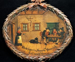 Kunden sitzen am Tisch in einer Gaststätte und Kellnerin, ovales Schild für Gasthaus, Österreich von Austrian School