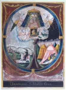 Darstellung des Mönchs Magnus, der die wundertätige Holzstatue der Jungfrau Maria 1157 nach Mariazell bringt, und der Erscheinung der Jungfrau Maria vor einem schlafenden Ritter