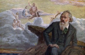 Postkarte mit Johannes Brahms, der seine 1. Symphonie Op.68 komponiert, ca. 1900