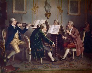 Streichquartett spielt ein Werk von Mozart (Kammermusik) (Lithographie) von Austrian School