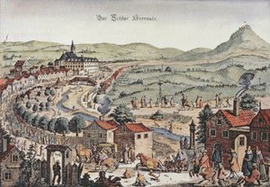 Ansicht des Nordens von Wien mit dem Schloss Hernals und den Kahlenberg-Hügeln im Hintergrund