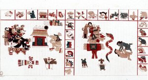Der aztekische Gott Cihuacohuatl dargestellt in einem hieroglyphischen Manuskript, Piktogramme