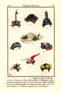 Hutdesigns für Frauen von der Modistin Marcelle Demay. Modeles de Marcelle Demay. Handkolorierte Pochoir-Radierung nach einer Illustration von B. Berty aus Tommaso Antonginis Journal des Dames et des Modes, Aux Bureaux du Journal des Dames, Paris
