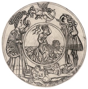 Aristoteles und Phyllis, umgeben von einem jungen Mann und einer Frau mit Eros, und eine liegende nackte Frau mit zwei Kindern, zweite Hälfte des 15. Jahrhunderts