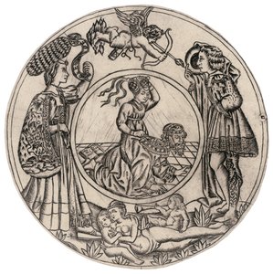 Aristoteles und Phyllis, umgeben von einem jungen Mann und einer Frau mit Eros, und eine liegende nackte Frau mit zwei Kindern, zweite Hälfte des 15. Jahrhunderts