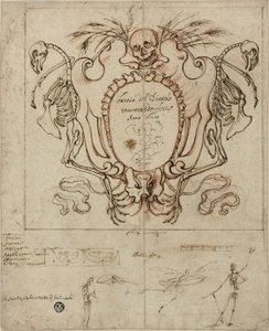 Begräbniskartusche mit Inschrift und Skizzen von Skeletten und ornamentalen Details