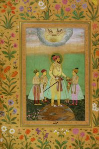 Shah Jahan (1592-1666) steht auf einem großen Globus, umgeben von seinen vier Kindern, aus dem Minto-Album von Balchand