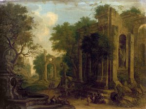 Waldlandschaft mit Reisenden, die sich bei klassischen Ruinen ausruhen von Balthasar Beschey