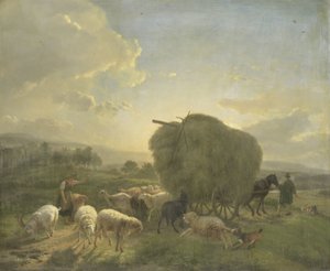 Landschaft mit Schafen und einem Heuwagen