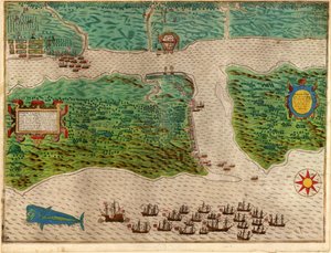 Augustine von Drakes Westindienreise 1585 - 86, veröffentlicht 1589 (handkolorierter Stich) von Baptista Boazio