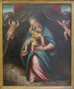 Madonna und Kind unter einem von zwei Engeln gehaltenen Baldachin