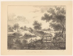 Landschaft mit Häusern, Bach und Pfad