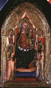 Madonna und Kind auf dem Thron mit St. Bartholomäus und anderen Heiligen von Bargello Master