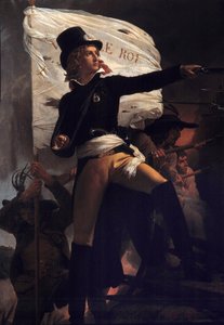 Ganzkörperporträt von Henri Duverger, Comte de La Rochejaquelein (oder Orchard de La Rochejacquelein) (1772-1794) General mit der Flagge „Vive le roi“ (auf der Brust das Abzeichen der Vendée) (Kriege der Vendée)