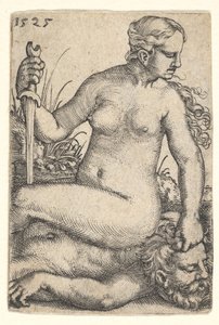 Judith, nach rechts blickend, nackt sitzend auf dem toten Körper von Holofernes, 1525