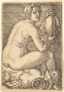 Nackte Frau auf einer Rüstung (Prudentia?)