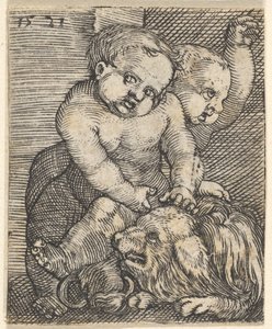 Zwei Jungen spielen mit einem Hund, Mitte des 16. Jahrhunderts